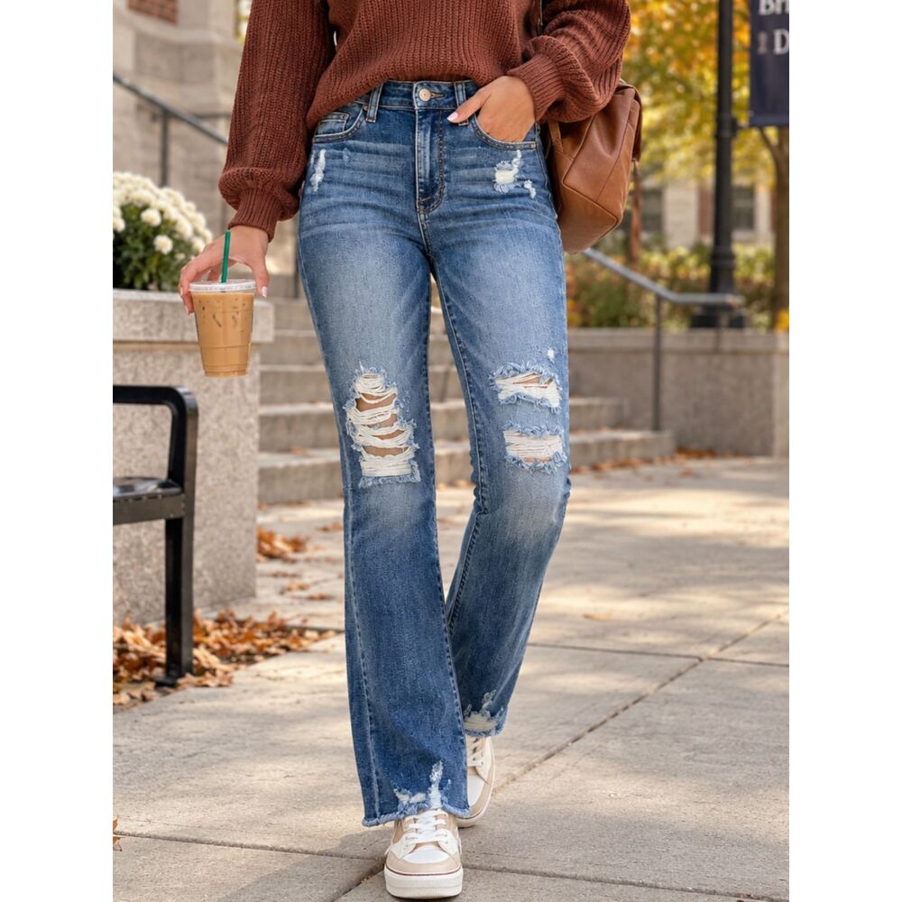 Judy Blue Slim Bootcut Jeans 1/25 Distressed Medium Wash Stretch Raw Hem